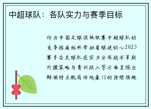 中超球队：各队实力与赛季目标