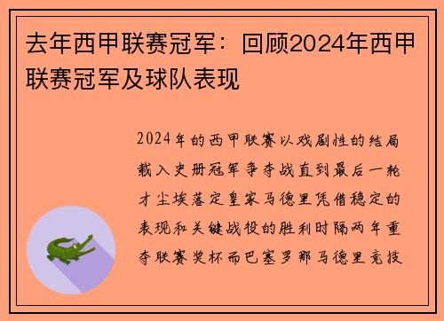 去年西甲联赛冠军：回顾2024年西甲联赛冠军及球队表现
