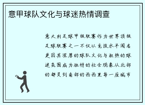 意甲球队文化与球迷热情调查